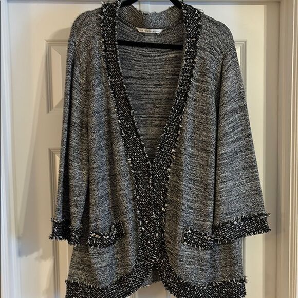 Peter Nygard Black and Gray Cardigan with Fringe Trim - Picture 1 of 8